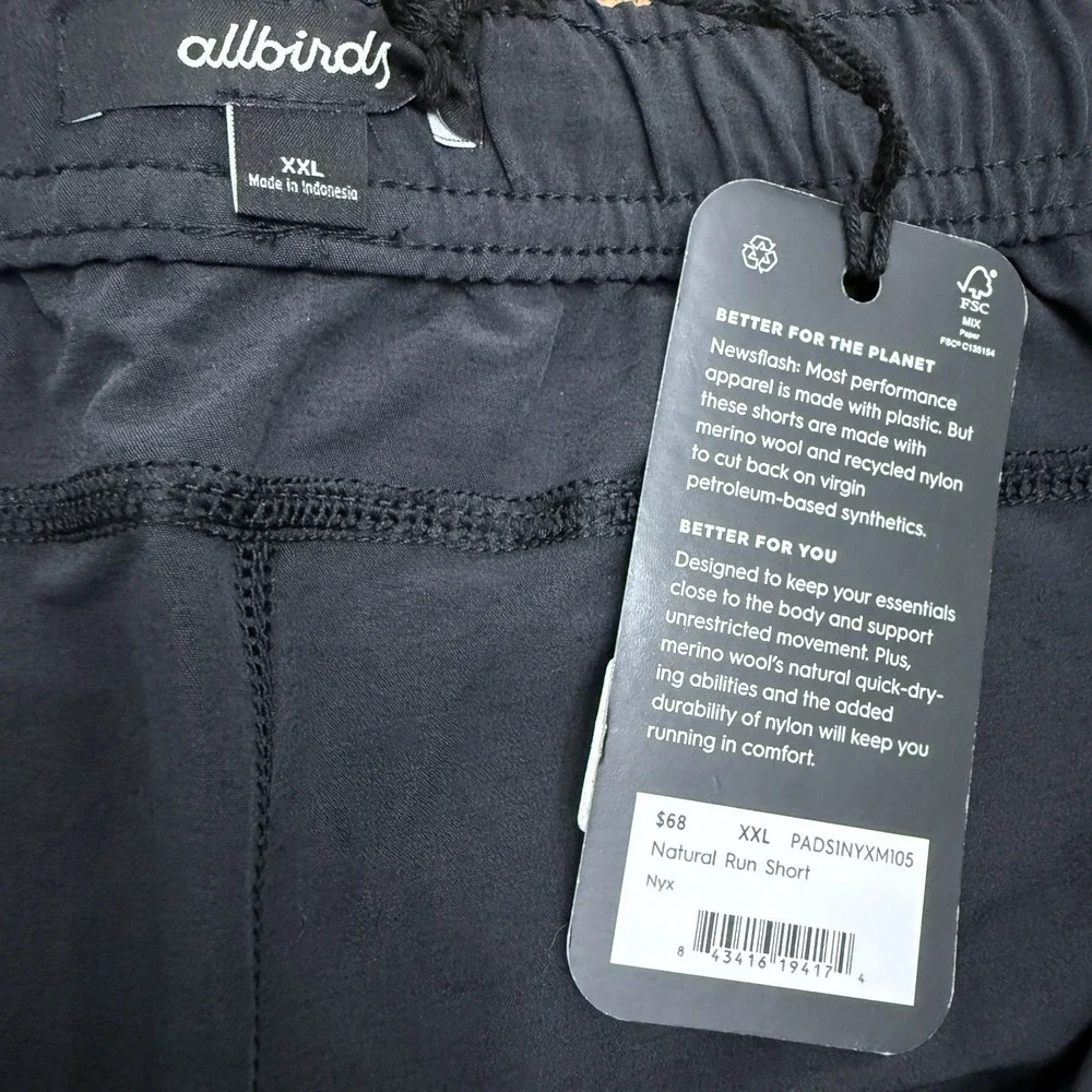 NWT allbirds Natural Run Shorts men's XXL black merino wool active nylon hike